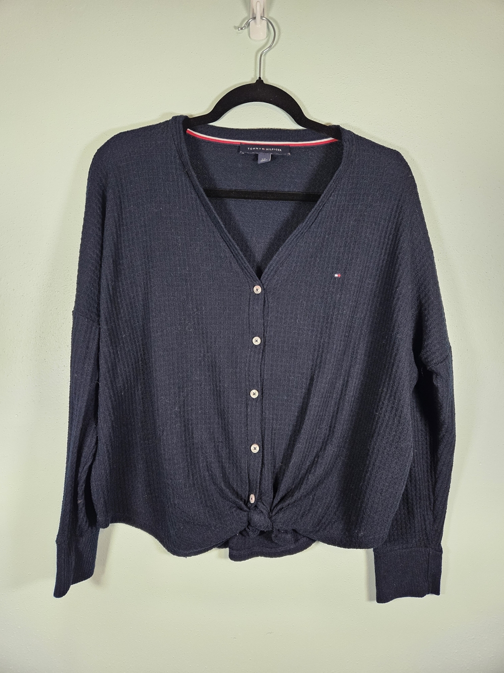Tommy Hilfiger Navy Button-Front Waffle Knit Top with Front Knot